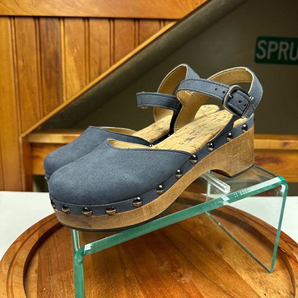Novacas Navy Blue Vegan Suede Wooden Platform Studded Mary Jane Clogs Size 38